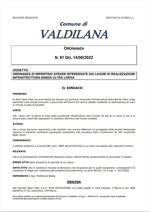 ORDINANZA N.91 DEL 14/06/2022 - RIPRISTINO STRADE INTERESSATE DAI LAVORI DELLA POSA DELLA FIBRA OTTICA