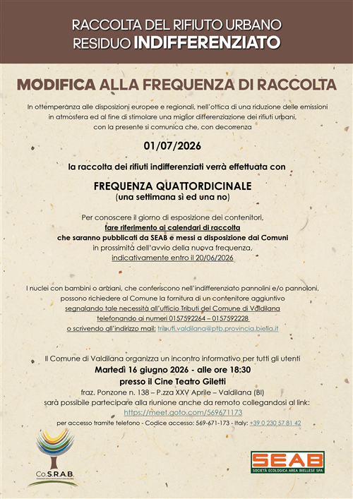 Modifica alla frequenza di raccolta dei rifiuti indifferenziati - Incontro informativo per la cittadinanza