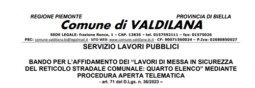 Bando per l'affidamento dei "Lavori di messa in sicurezza del reticolo stradale comunale: quarto elenco" mediante procedura aperta telematica - art. 71 del D.Lgs. n. 36/2023
