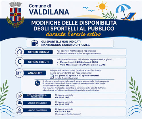 Variazioni nell'apertura al pubblico degli uffici comunali durante il periodo estivo