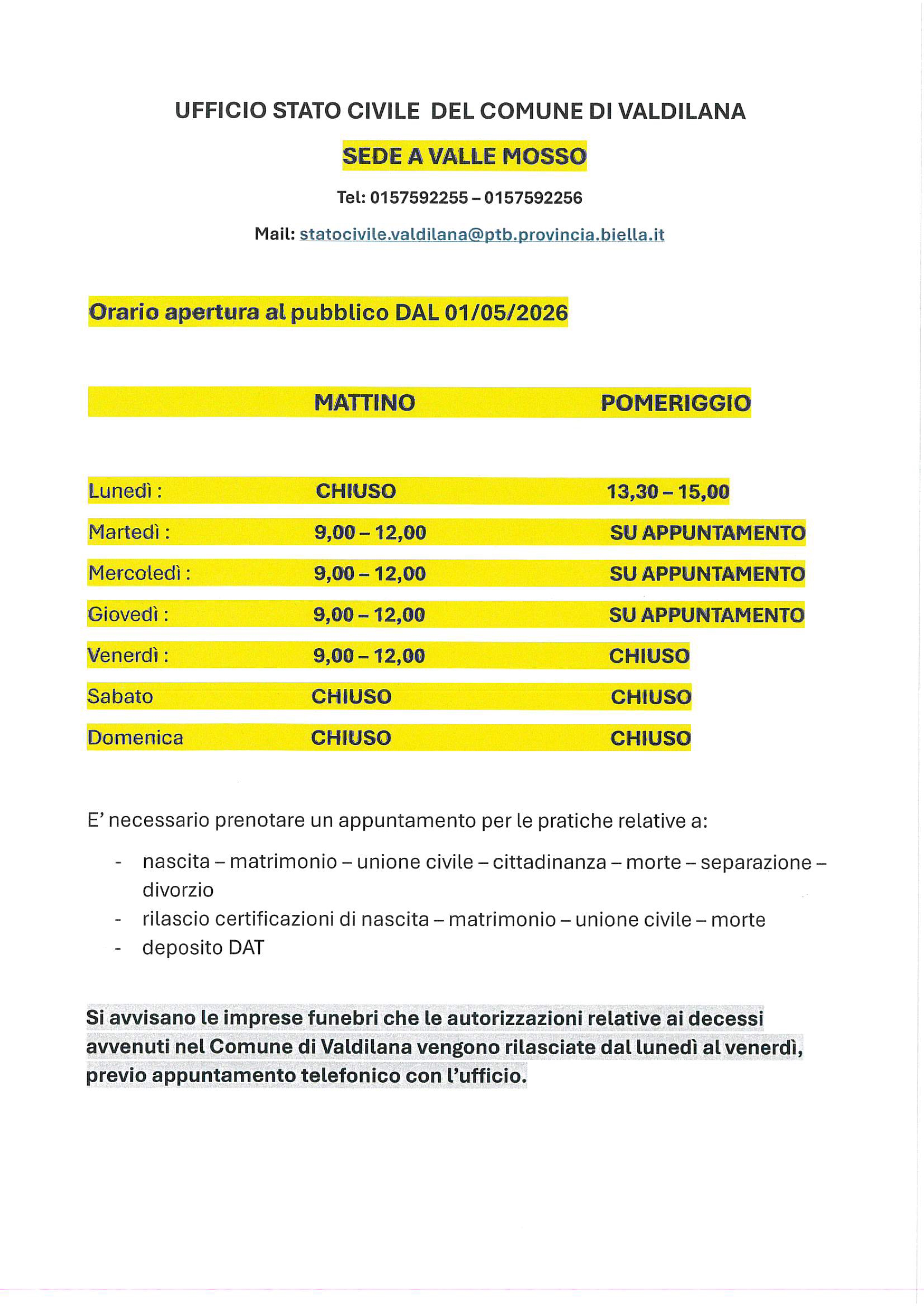 UFFICIO STATO CIVILE - Nuovi orari in vigore dal 01/05/2026