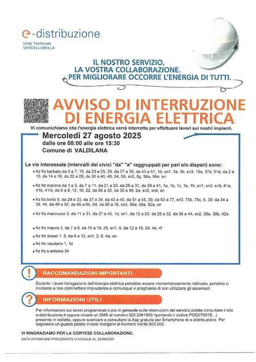 Avviso di interruzione di energia elettrica e installazione temporanea di gruppi elettrogeni